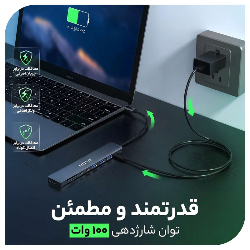 هاب 9 پورت USB-C نوکسو مدل HUB-N1 9in1 با پشتیبانی شارژ PD 100 وات، HDMI 4K، USB 3.0 و کارت‌خوان SD/TF