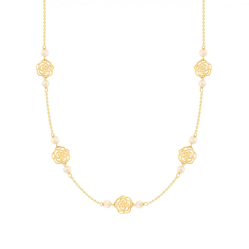 گردنبند طلا 18 عیار زنانه مدل گل رز و مروارید