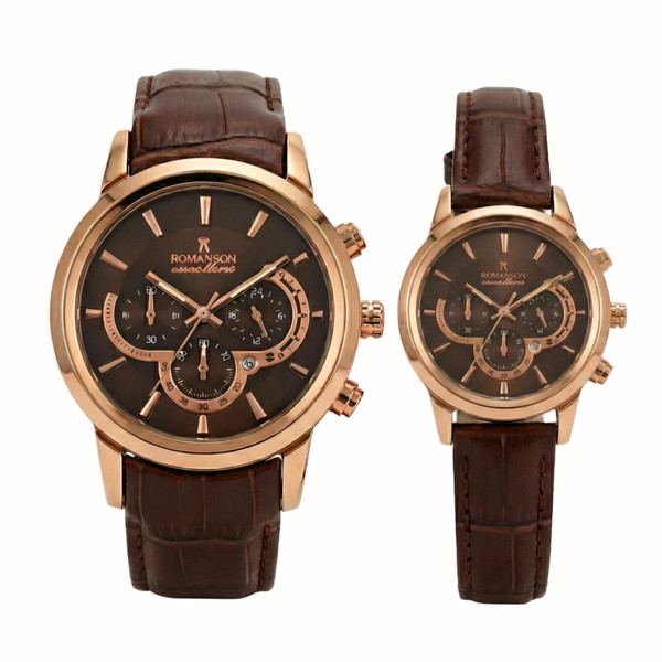 ست ساعت مچی عقربهای کوارتز زنانه و مردانه رومانسون مدل اسپرت لوکس تک موتوره بند چرم قفل فیکس کد R1j