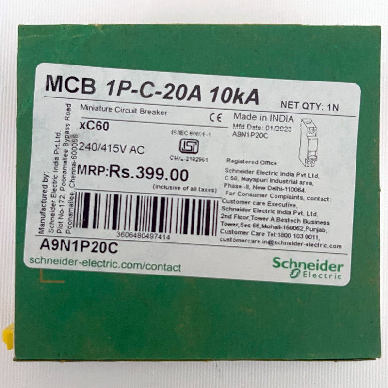 فیوز مینیاتوری تک پل 20 آمپر اشنایدر مدل xC60 Acti9 کد A9N1P20C فیوز مینیاتوری تک پل 20 آمپر اشنایدر مدل xC60 Acti9 کد A9N1P20C