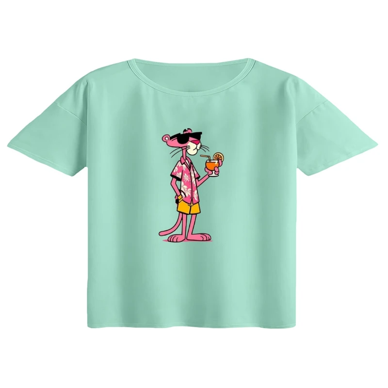 کراپ تی‌شرت آستین کوتاه زنانه مدل پلنگ صورتی