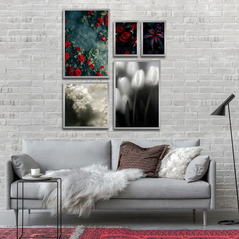 تابلو ساده بکلیت طرح طبیعت و گل مدل شاین اکلیلی SI-2981 فریم نقره ای مجموعه 5 عددی