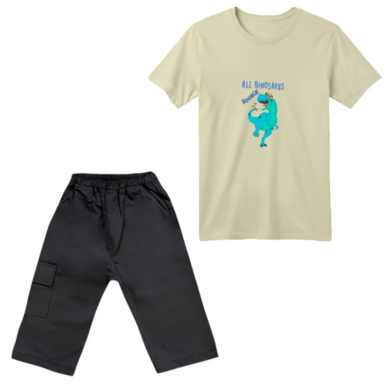 ست تی‌شرت آستین کوتاه و شلوارک پسرانه مدل دایناسور کد 04