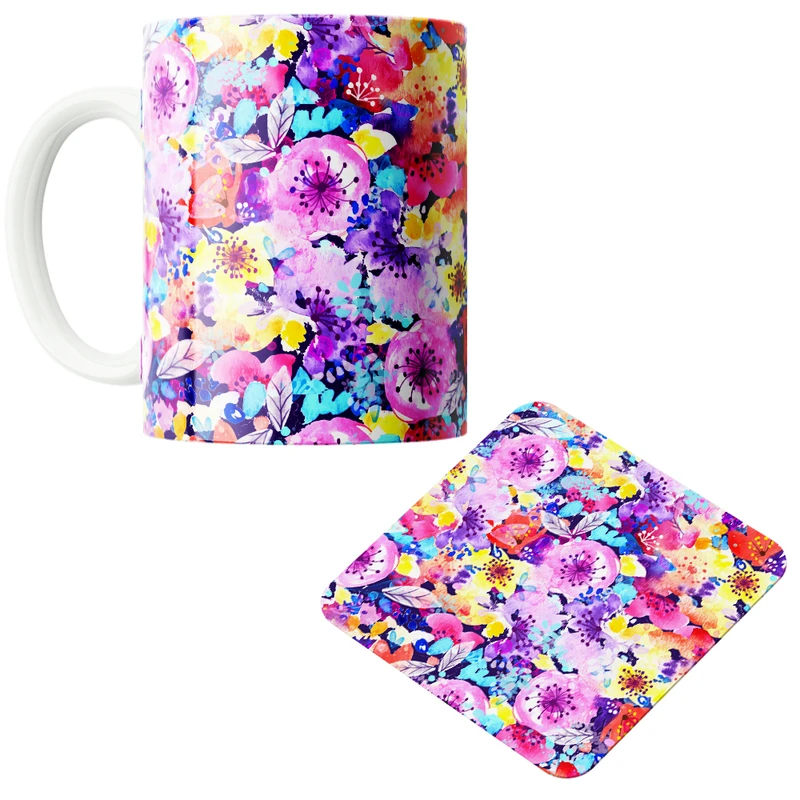 ماگ پاد آفرین مدل بهار طرح گل و برگ کد PZ306 به همراه زیرلیوانی