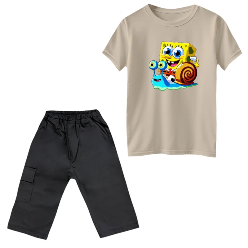 ست تی‌شرت و شلوارک پسرانه مدل باب اسفنجی کد 2 رنگ کرم 