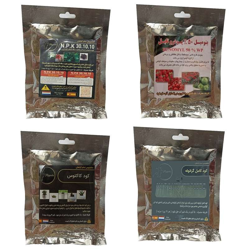 کود سبزینگی و تقویت ساقه 10-10-30 و بنومیل و کود کاکتوس و کود کامل گرانوله مدل raw material وزن 200 گرم