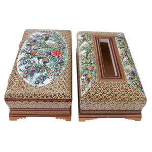 ست جعبه دستمال کاغذی و جعبه کارد و چنگال خاتم کاری مدل نقاشی برجسته