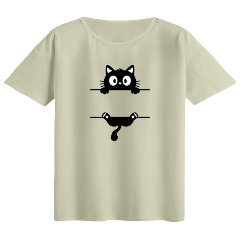 تی‌شرت اورسایز آستین کوتاه زنانه مدل باکسی طرح گربه آویزان