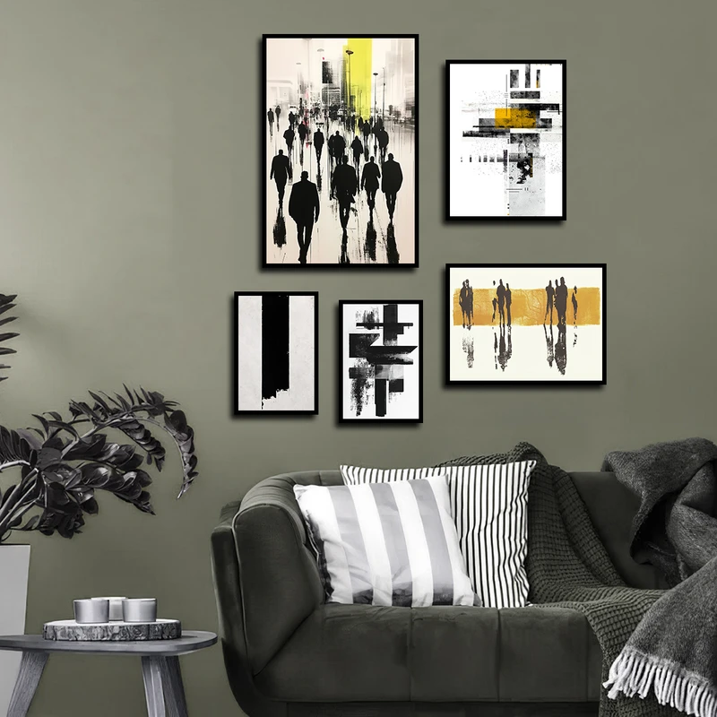 تابلو بکلیت طرح دکوراتیو نقاشی مینیمال مدل B-3491 فریم مشکی مجموعه 5 عددی