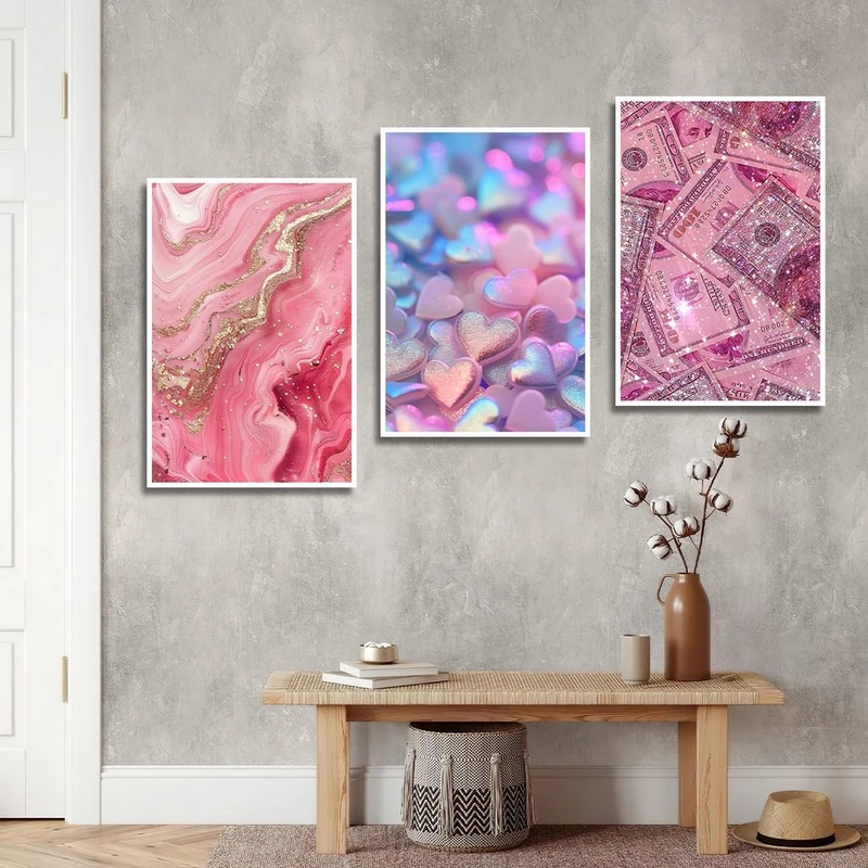 تابلو بکلیت طرح قلب صورتی و رزین مدل شاین اکلیلی کد W-2842 مجموعه 3 عددی