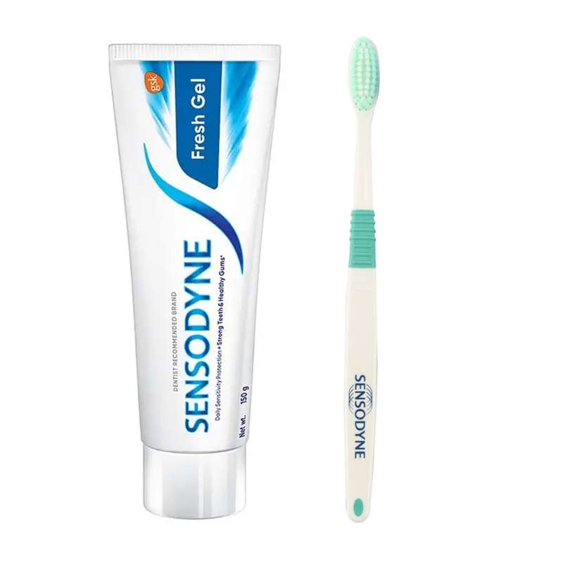 خمیر دندان سنسوداین مدل Fresh Gel حجم 150 میلی لیتر به همراه مسواک سنسوداین مدل 001 با برس متوسط خمیر دندان سنسوداین مدل Fresh Gel حجم 150 میلی لیتر به همراه مسواک سنسوداین مدل 001 با برس متوسط
