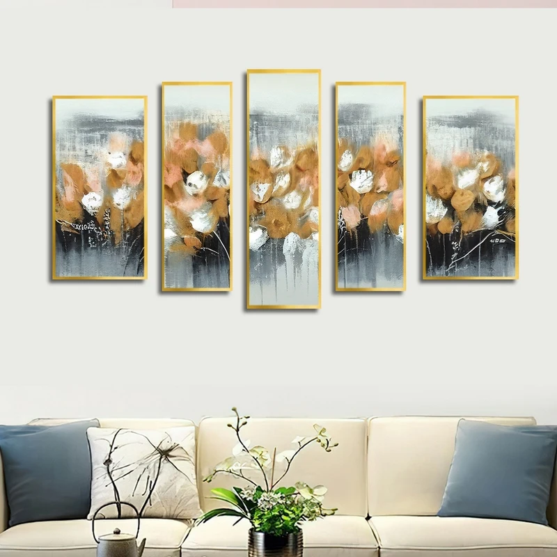 تابلو ساده بکلیت طرح نقاشی رنگ روغن گل مدل شاین اکلیلی T-2499 فریم طلایی مجموعه 5 عددی