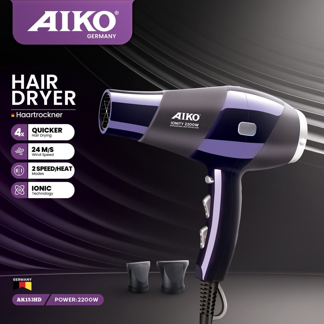 سشوار حرفه‌ای ۲۲۰۰ وات آیکو مدل AK153HD