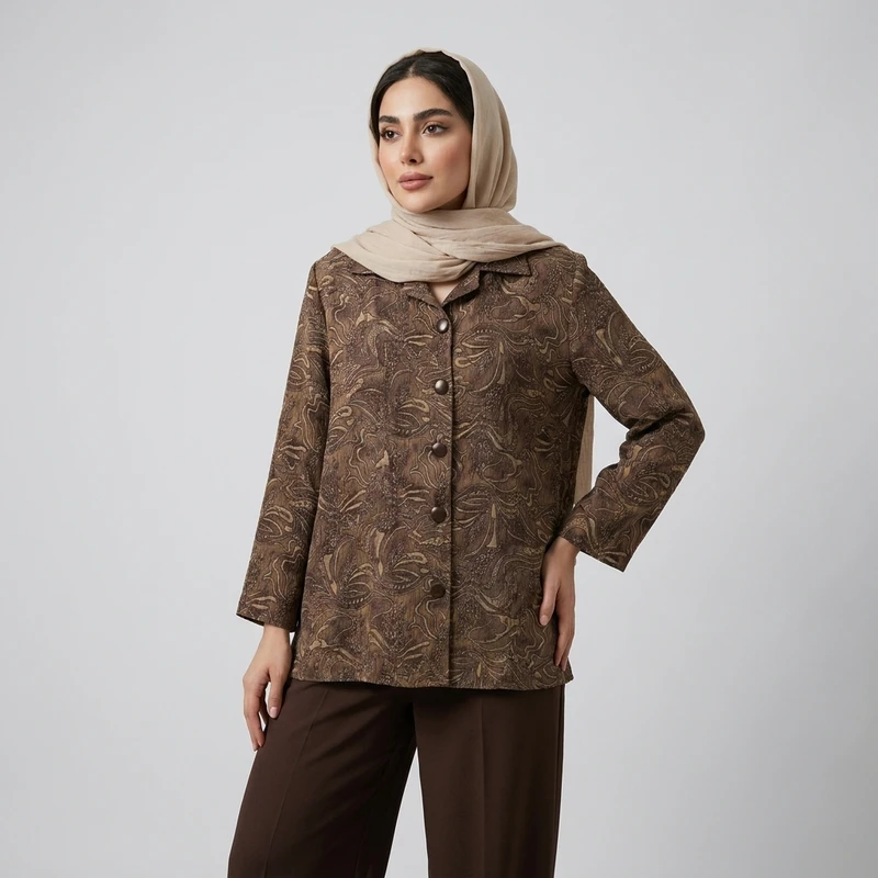 مانتو زنانه ژاکارد آستین بلند دکمه‌دار یقه آرشال مدل BZ65_7