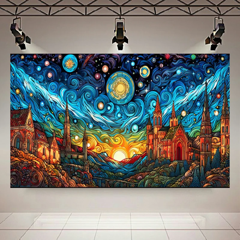 تابلو بوم طرح مخمل شب پر ستاره ونگوگ مدل خورشید و ماه کد AR303956