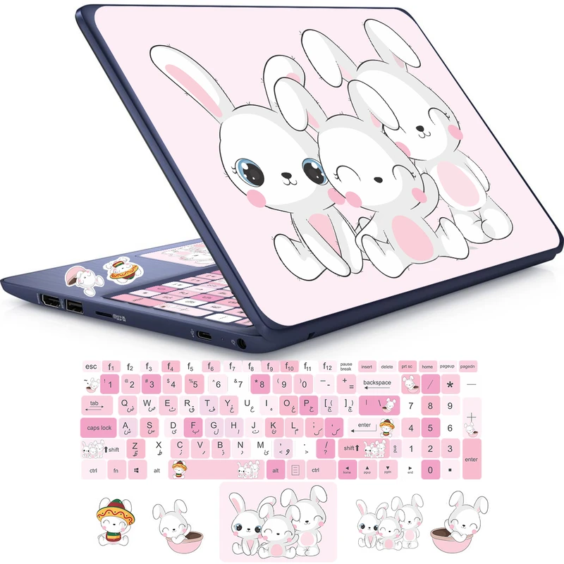 استیکر لپ تاپ راتیانا مدل pink bunny friends1  مناسب برای لپ تاپ 15 تا 17 اینچ به همراه برچسب حروف فارسی کیبورد