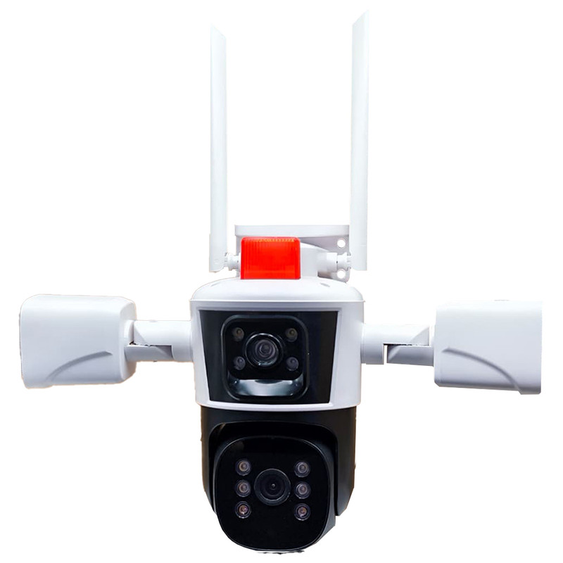 دوربین مداربسته تحت شبکه سیم‌کارتی 3 مگاپیکسلی مدل QQ849-WP-4-4G، دارای 3 لنز، اتصال 4G، چرخش افقی و عمودی، دید در شب، تشخیص حرکت، تعقیب سوژه، مکالمه دوطرفه، پشتیبانی از کارت حافظه Micro SD تا 256 گیگابایت و استاندارد ضدآب IP66