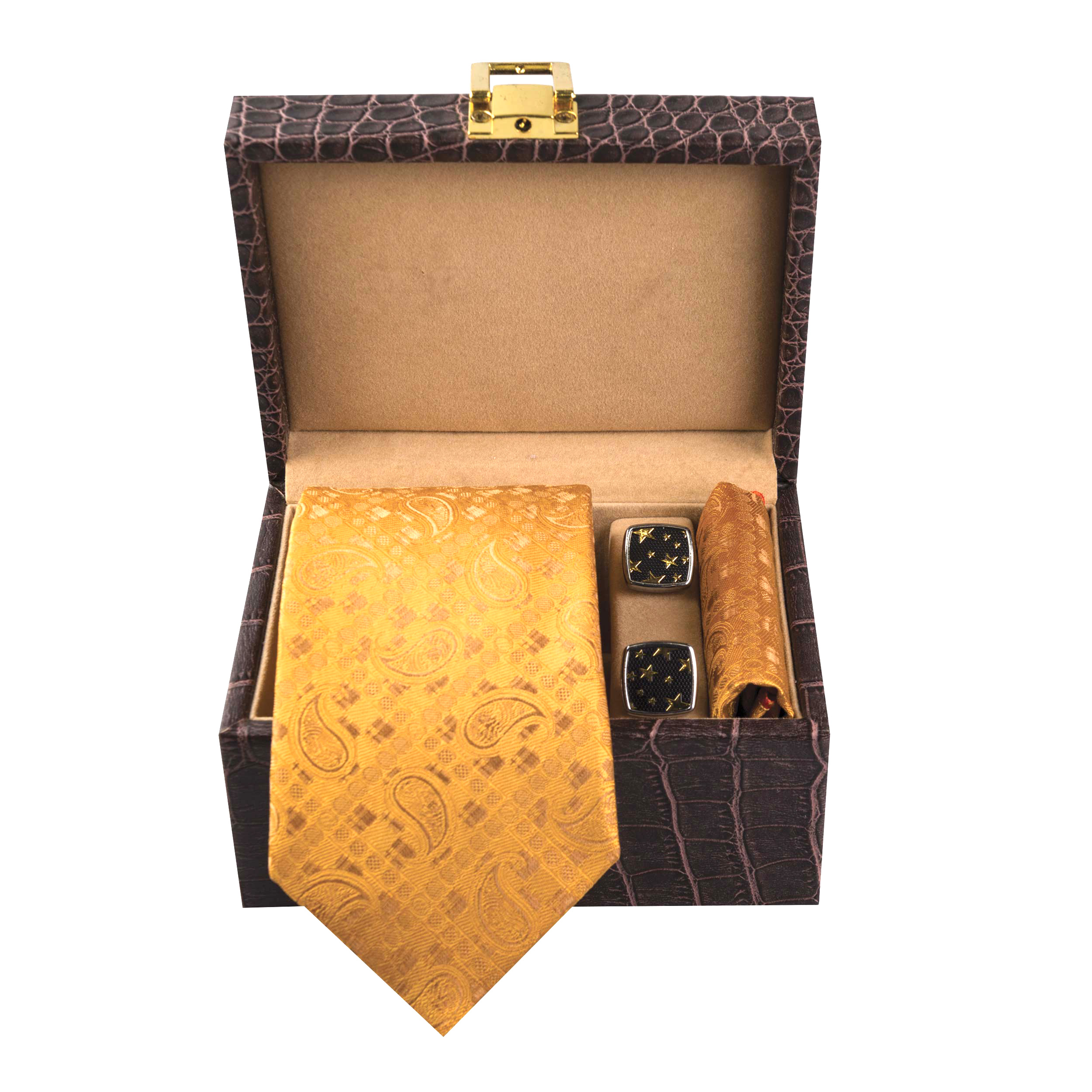 ست کراوات و دستمال جیب و دکمه سردست مردانه مدل GF-PA1267-GO-BOX