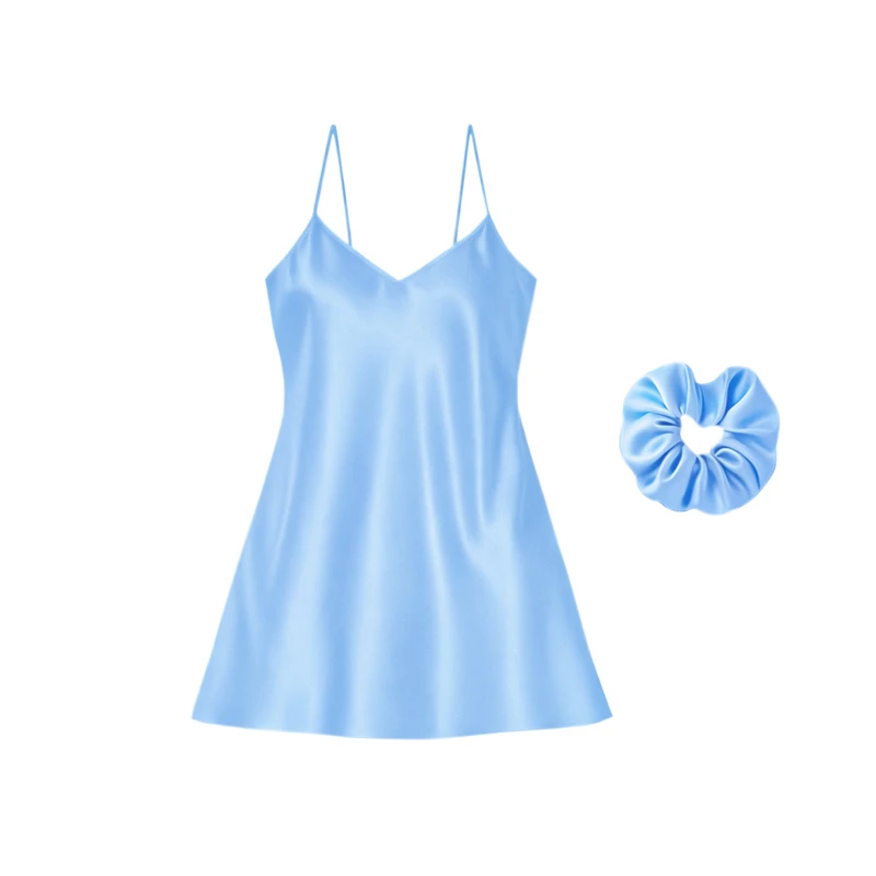 لباس خواب زنانه مدل ساتن ابریشم کد 664010 به همراه اسکرانچی مو