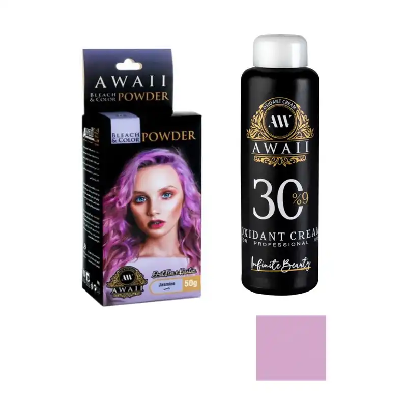 پودر دکلره آوایی مدل کراتین وزن 50 گرم رنگ یاسی به همراه اکسیدان آوایی مدل 30vol نه درصدی حجم 180 میلی لیتر