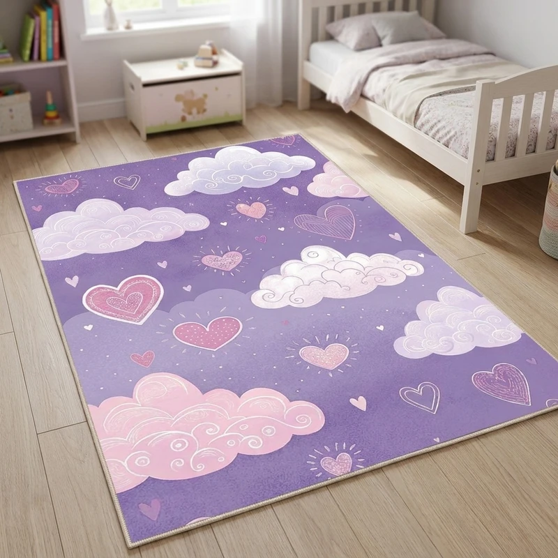 فرش ماشینی 1000 شانه زمینه بنفش حاشیه صورتی مدل اورکوم طرح اتاق کودک کد kids.9009.01