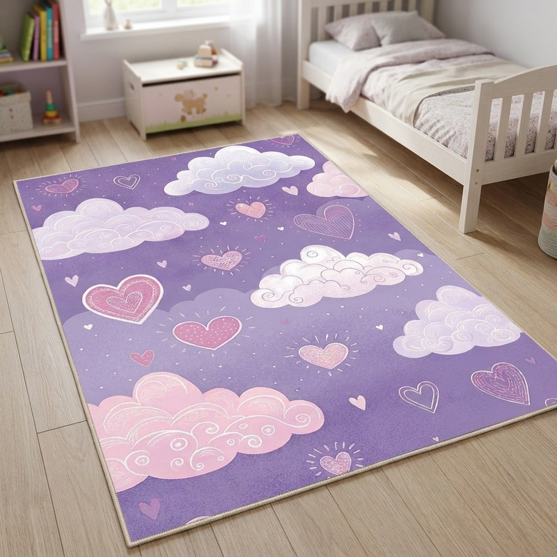 فرش ماشینی 1000 شانه زمینه بنفش حاشیه صورتی مدل اورکوم طرح اتاق کودک کد kids.9009.01