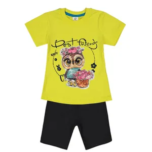 ست تی شرت و شلوارک دخترانه بانالی مدل جغد کد 3502