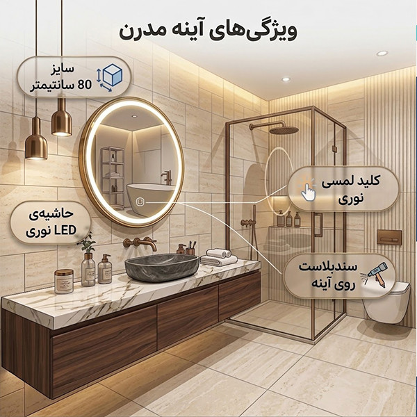 آینه سرویس بهداشتی دلفین مدل ضد بخار کد croma-ht-tch-q 80 قطر 80 سانتی متر
