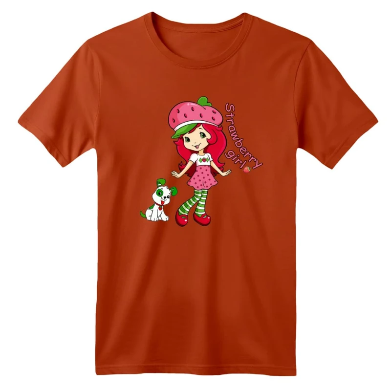 تی شرت آستین کوتاه بچگانه مدل دختر توت فرنگی رنگ آجری