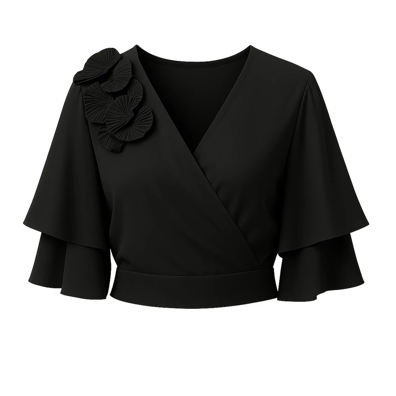 بلوز آستین سه ربع یقه هفت زنانه مدل مجلسی سرشونه گلدار کار شده