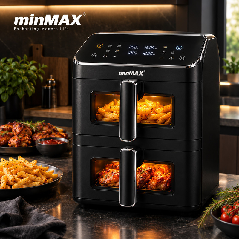 سرخ‌کن بدون روغن 14 لیتری مین‌مکس مدل MF-10061A دو سبده با پنل دیجیتال، 10 برنامه پخت، تنظیم جداگانه دما و زمان برای هر محفظه، قابلیت SYNC و MATCH، 2800 وات
