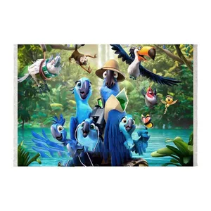 فرش ماشینی زانیس مدل اتاق کودک طرح ماداگاسکار زمینه سبزآبی