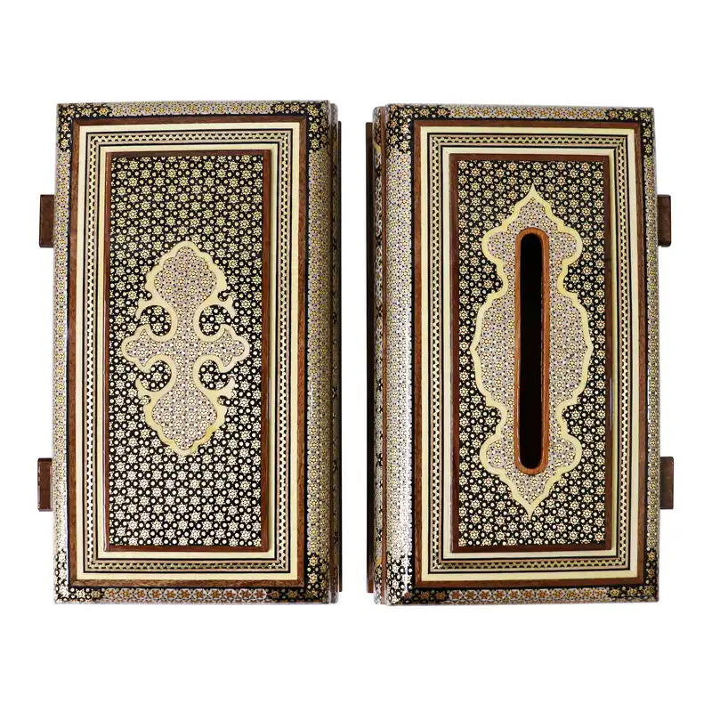 ست جعبه دستمال کاغذی و جعبه کارد و چنگال خاتم کاری مدل پرسیم اعلی کد HQdark