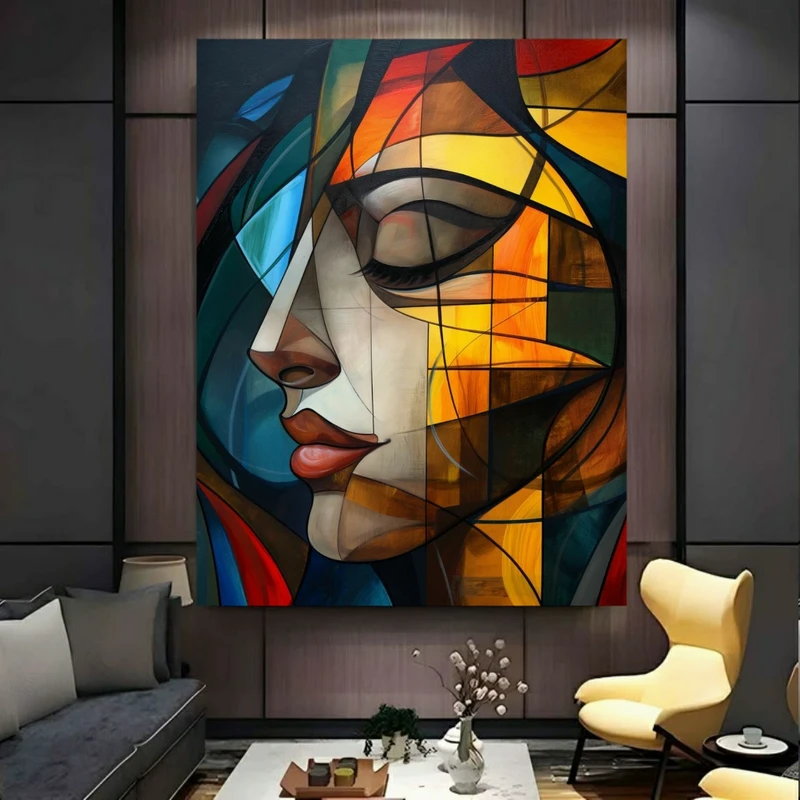 تابلو بوم طرح مخمل نقاشی کوبیسم مدل پرتره رنگارنگ کد PY588