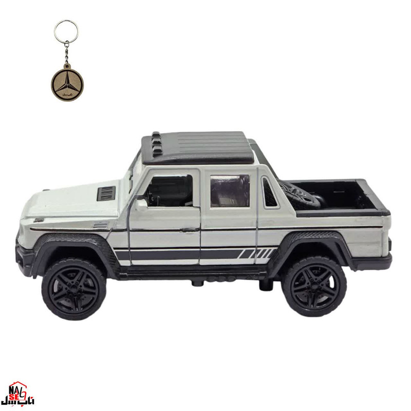 ماکت ماشین فلزی وانت بنز جی کلاس ناب سل مدل MERCEDES BENZ G-CLASS عقبکش، چراغدار و موزیکال با در و صندوق بازشو به‌همراه جاسوییچی