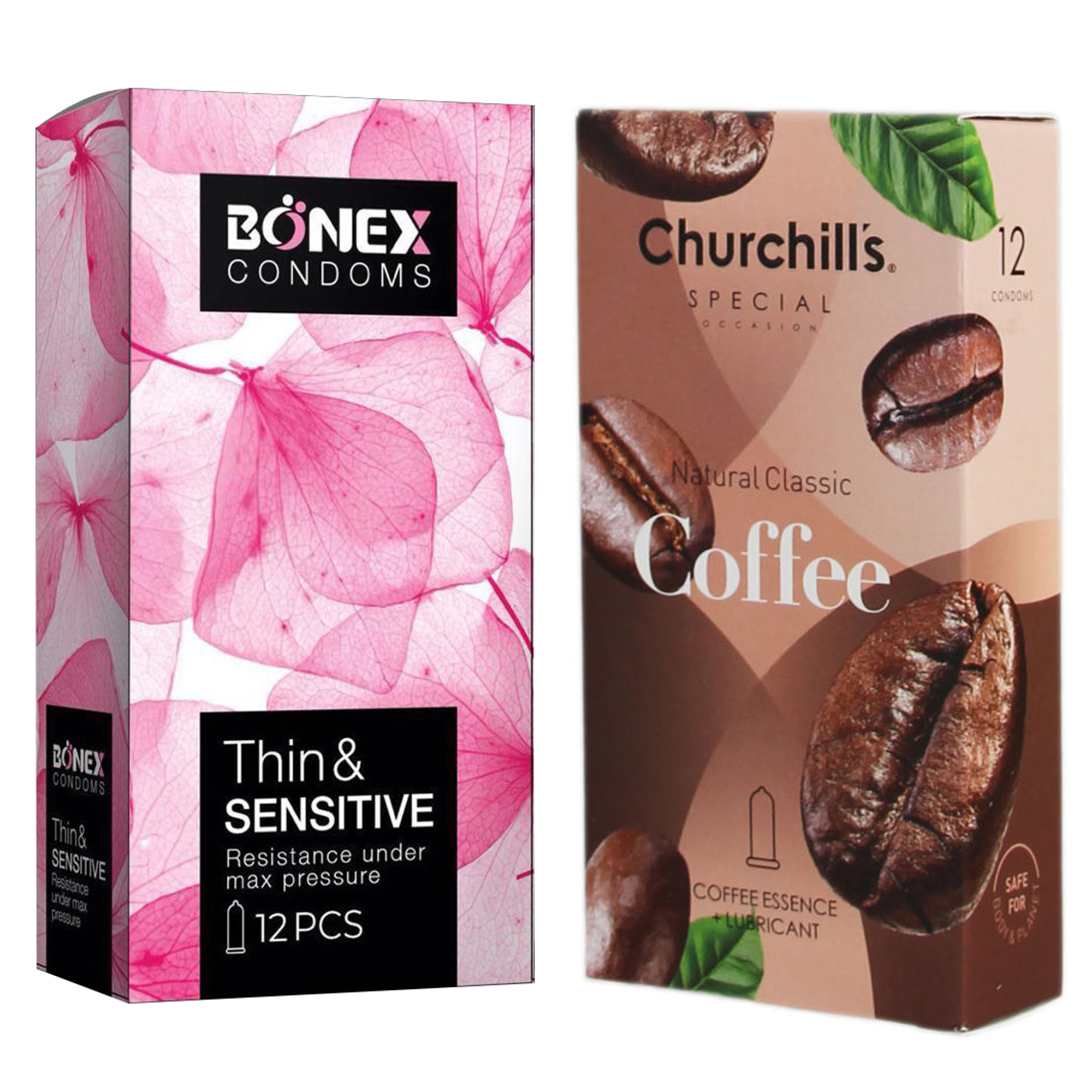 کاندوم چرچیلز مدل Coffee بسته 12 عددی به همراه کاندوم بونکس مدل Thin & Sensitive بسته 12 عددی 