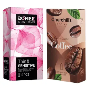 کاندوم چرچیلز مدل Coffee بسته 12 عددی به همراه کاندوم بونکس مدل Thin & Sensitive بسته 12 عددی 