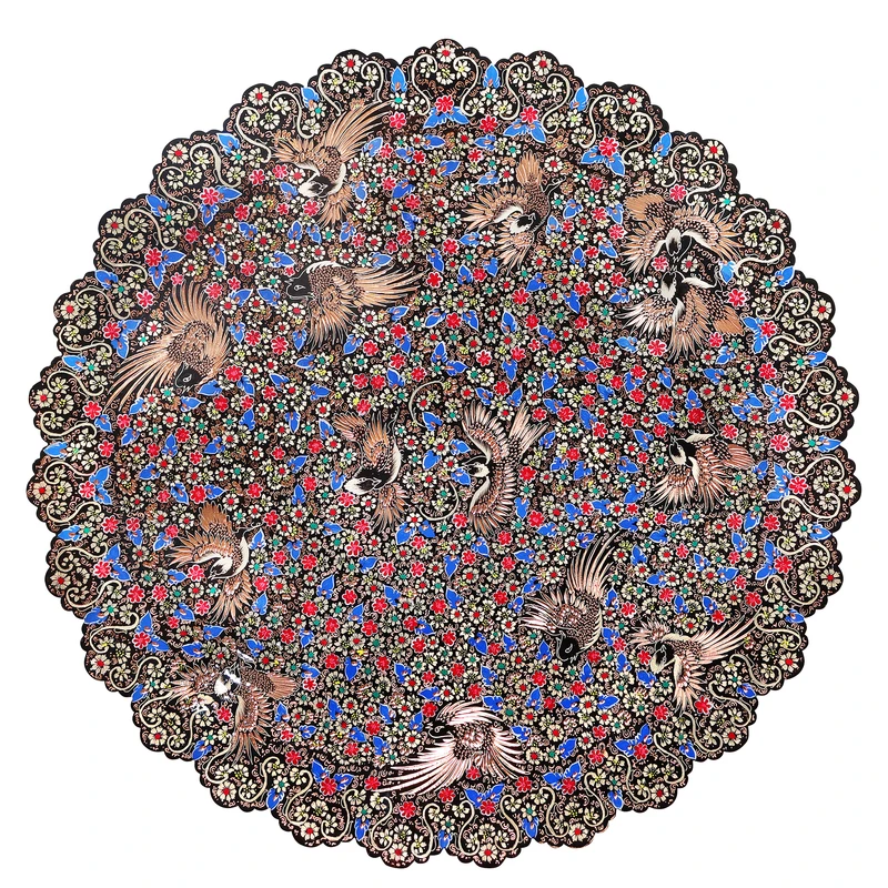 سینی مسی صنایع دستی فاخر مدل الماس تراش نقره کوب و پرداز طرح ۱۴ پرنده کد hq60