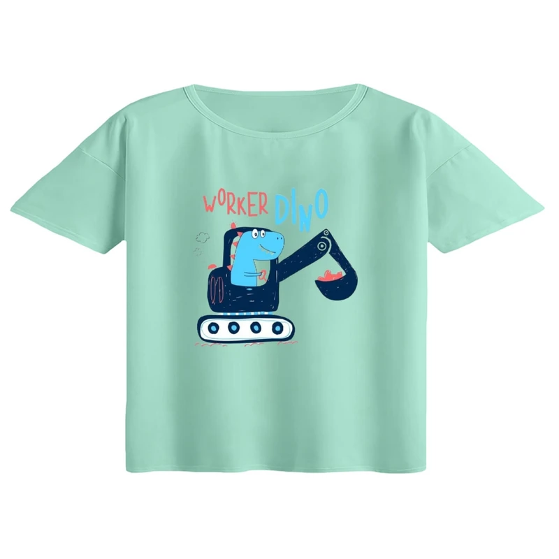 کراپ تی‌شرت آستین کوتاه زنانه مدل دایناسور و ماشین کار