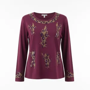 بلوز آستین بلند یقه گرد زنانه مدل موهر نگین دار پلنگی کد 00102