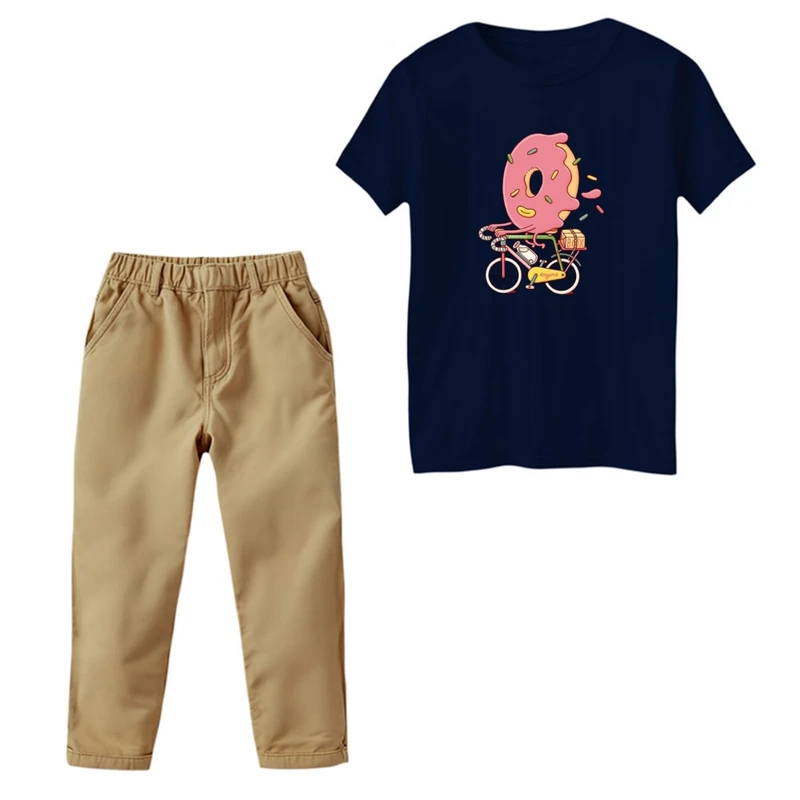 ست تی‌شرت و شلوار دخترانه مدل دوچرخه دوناتی رنگ سرمه ای