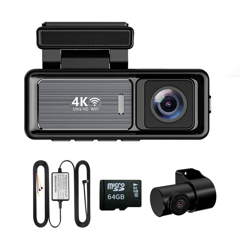 دوربین ثبت وقایع خودرو اتوویژن مدل M6 4K-WiFi به همراه دوربین عقب و رم 64 گیگ بایت و کیت برق مستقیم