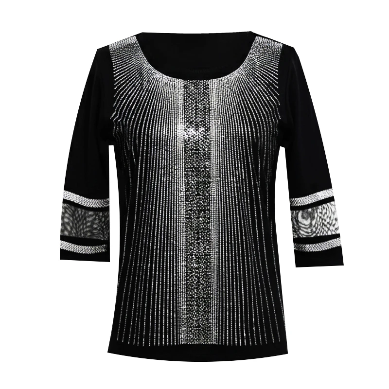 بلوز آستین سه ربع یقه گرد زنانه مدل توری طرح نگین دار خطی