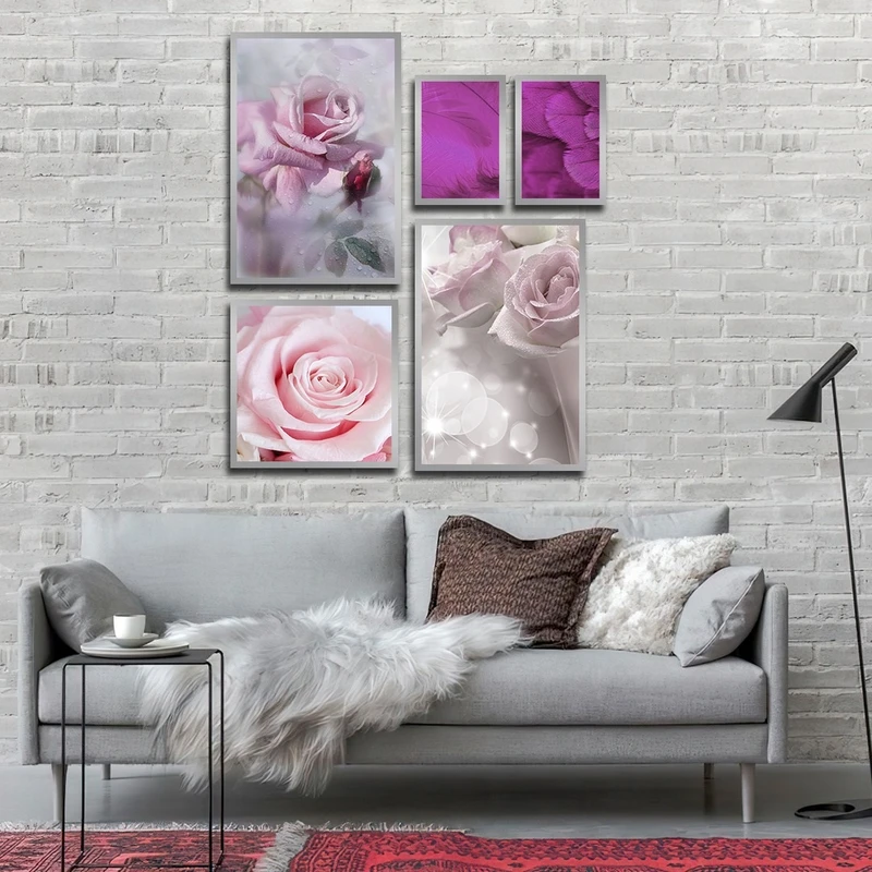 تابلو ساده بکلیت طرح گل رز بنفش و صورتی مدل شاین اکلیلی SI-2653 فریم نقره ای مجموعه 5 عددی