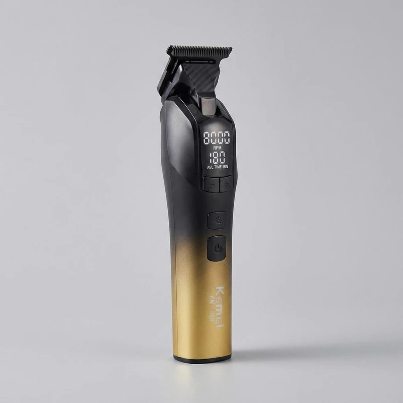 ماشین اصلاح موی صورت شارژی کیمی مدل KM-1859 با موتور 5 وات، تیغه‌های استیل ضدزنگ DLC، قابلیت تنظیم سرعت، باتری لیتیومی با شارژ سریع و نمایشگر LED