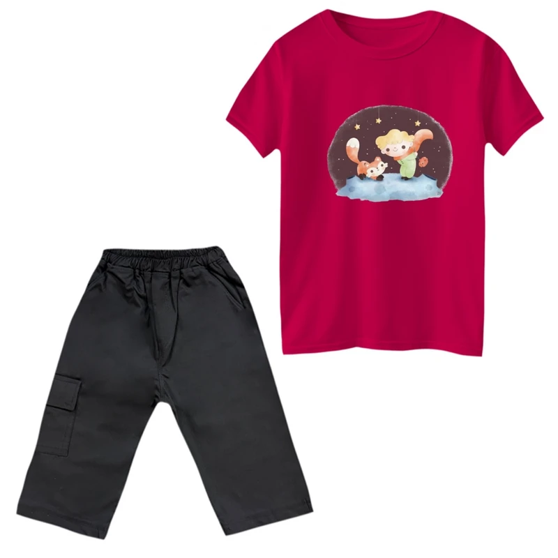 ست تی‌شرت و شلوارک پسرانه مدل شازده کوچولو شب رنگ سرخابی