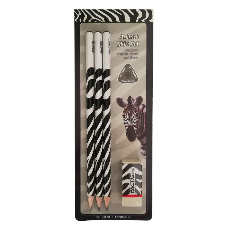 مداد مشکی فکتیس طرح گورخر بسته 3 عددی به همراه پاک کن