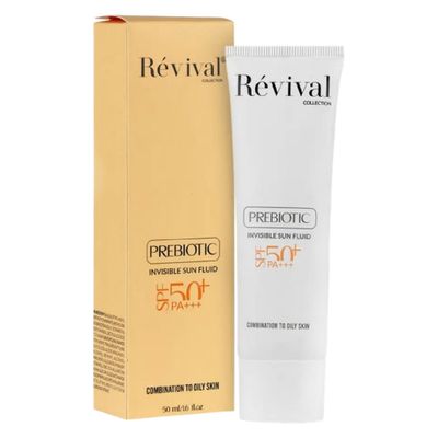 کرم ضد آفتاب بی‌رنگ کلکسیون رویوال، spf 50، مدل prebiotic، ‌مناسب پوست‌های چرب و مختلط با حجم 50 میلی‌لیتر، محافظت‌کننده در برابر اشعه‌های UVA و PA ،UVB+++، ضد جوش و آکنه، دارای فرمولاسیون آنتی اکسیدان، نیاسینامید و ویتامین E، با ماندگاری 5 ساعته
