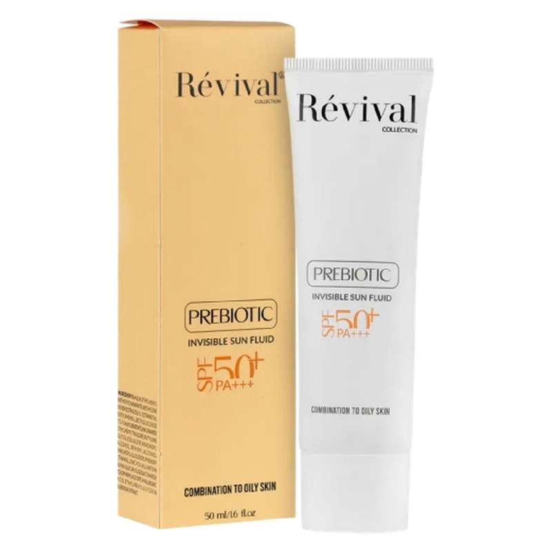 کرم ضد آفتاب بی‌رنگ کلکسیون رویوال، spf 50، مدل prebiotic، ‌مناسب پوست‌های چرب و مختلط با حجم 50 میلی‌لیتر، محافظت‌کننده در برابر اشعه‌های UVA و PA ،UVB+++، ضد جوش و آکنه، دارای فرمولاسیون آنتی اکسیدان، نیاسینامید و ویتامین E، با ماندگاری 5 ساعته