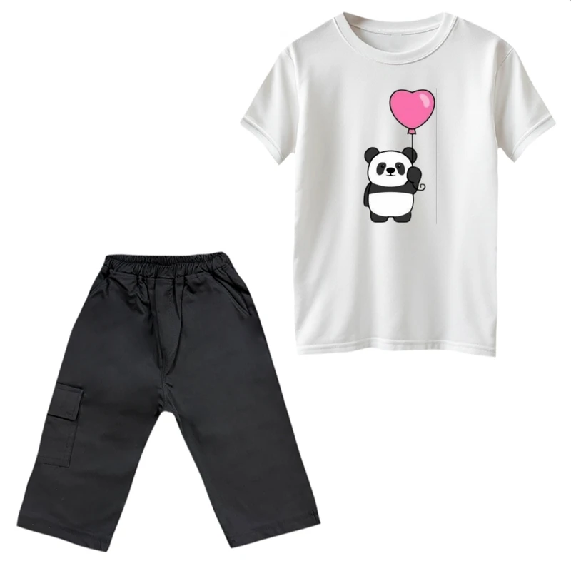 ست تی‌شرت آستین کوتاه و شلوارک دخترانه مدل پاندا و بادکنک قلبی